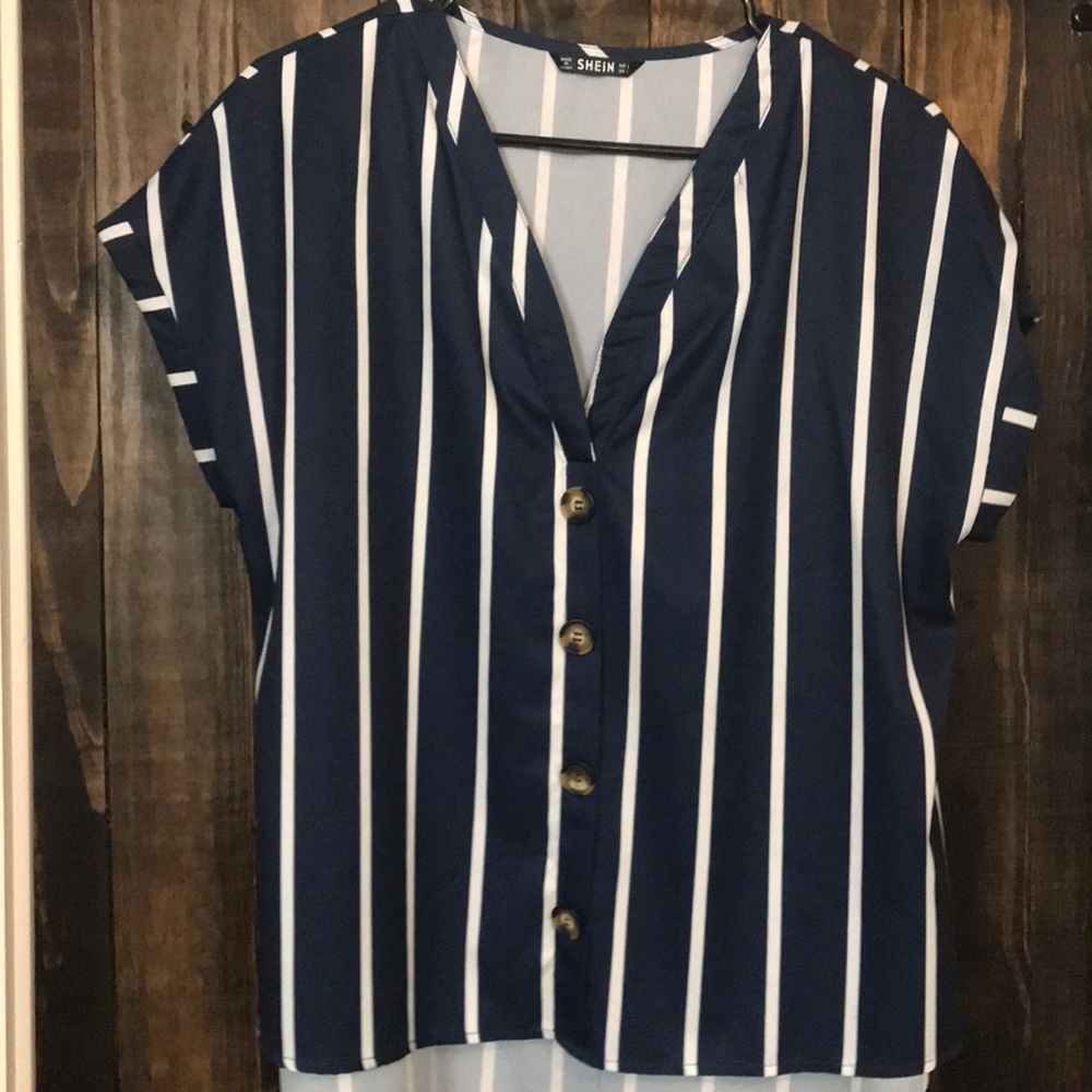 Shein hi low navy white stripe button down